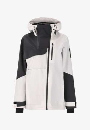 Herrejakke med et tofarvet design i hvid og sort; vandtæt materiale, justerbar hætte, lynlåsede lommer og elastiske manchetter.