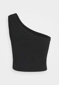 Černý crop top na jedno rameno, vyrobený z hladké a elastické látky. Má zakřivený výstřih a přiléhavý střih bez viditelného kování.