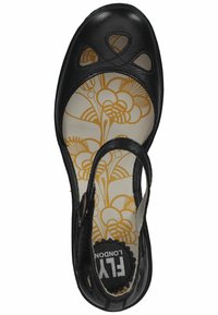 Black leather shoe with open cutouts on the toe, adjustable strap, and a beige interior featuring a floral pattern. Standard sole design.