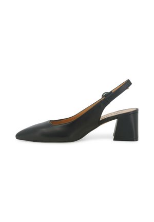 Décolleté slingback in pelle nera con punta appuntita e tacco a blocco, vista laterale su sfondo bianco.