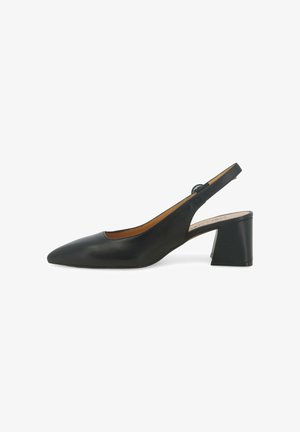 Décolleté slingback in pelle nera con punta appuntita e tacco a blocco, vista laterale su sfondo bianco.