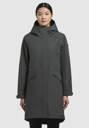 Grau wasserfester Parka mit Kapuze, zwei vorderen Taschen und hochgerollten Bündchen. Verfügt über eine glatte Außenoberfläche und ein Futter mit Leopardenmuster.
