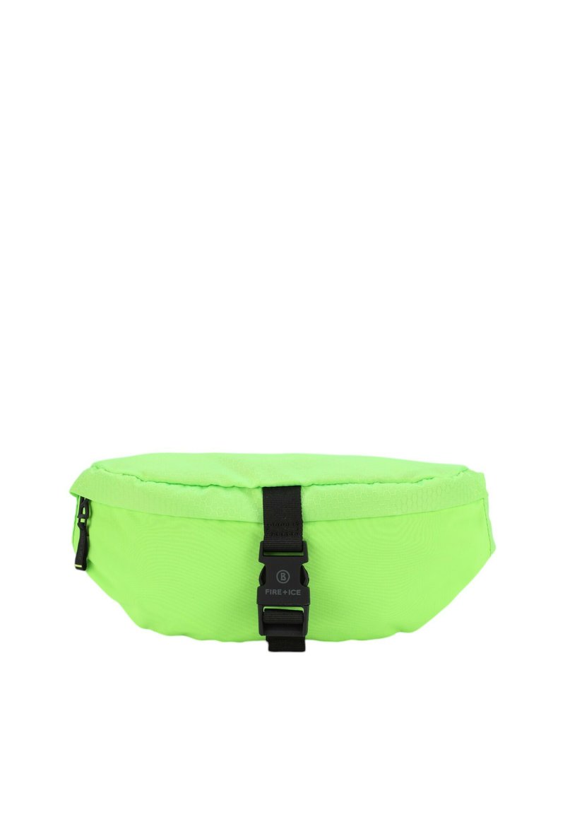 Borsa isolata verde di forma rotonda, in tessuto testurizzato, con chiusura a zip e fibbia nera regolabile. Presenta un motivo esagonale sulla superficie.