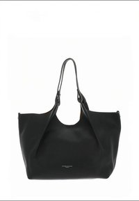 Black leather tote bag with a textured finish, wide opening, and long, sleek handles. Features minimal branding on the front.
