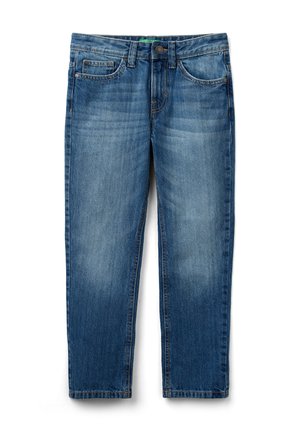 Jeans di denim blu con vestibilità slim, design a cinque tasche e chiusura con bottoni, mostrati distesi su uno sfondo bianco.