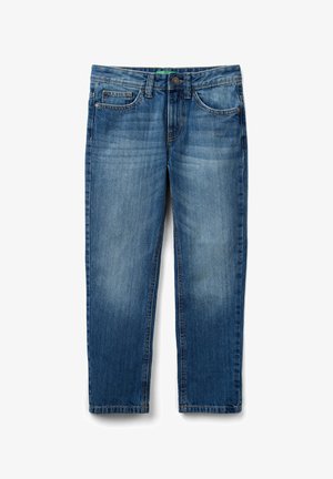 Jeans di denim blu con vestibilità slim, design a cinque tasche e chiusura con bottoni, mostrati distesi su uno sfondo bianco.