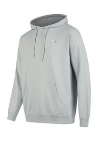 Light blue hoodie made of soft fabric, featuring a front pocket, drawstring hood, and small embroidered bird logo on the chest.