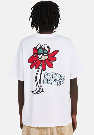 White cotton t-shirt featuring a colorful flower graphic with cartoonish eyes and the text "FUTURE NATURE" in blue. Relaxed fit, short sleeves.