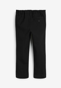 Schwarze Hose mit elastischem Bund, ausgestattet mit einer hinteren Tasche mit Knopf und geraden Beinen, aus einem glatten, dicken Stoff.