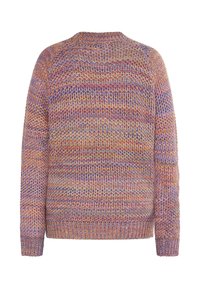 Mehrfarbiger Strickpullover mit gerippten Bündchen und Saum, der ein strukturiertes Muster in Lila-, Orange- und Blautönen zeigt, von hinten präsentiert.