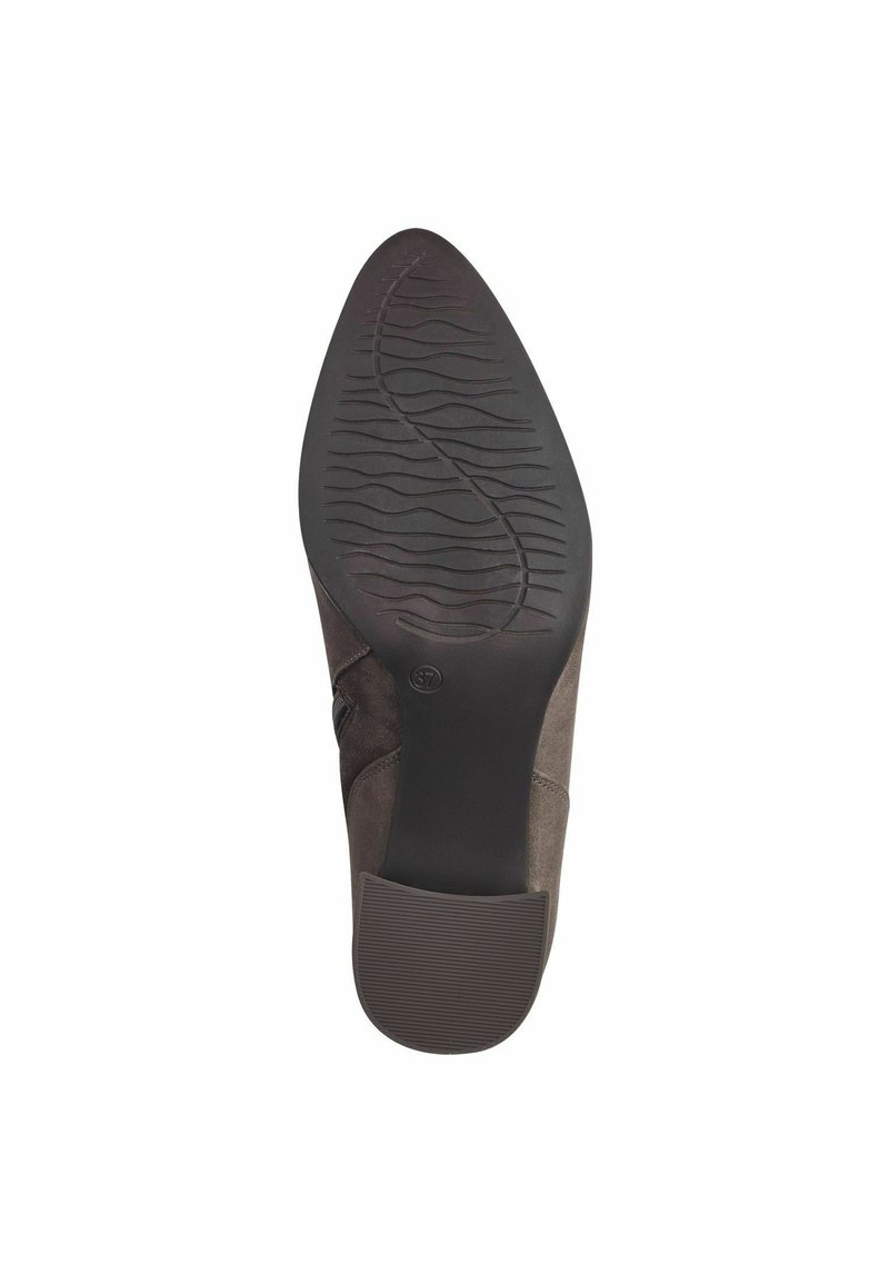 Dunkelbraune Schuhsohle mit strukturiertem Gummi-Design, leicht verjüngter Form und glatten Kanten. Verfügt über einen dezenten Logo-Druck.