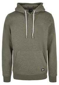 Olivenfarbener Hoodie aus weichem Material, mit einer Fronttasche, weißen Kordeln und gerippten Bündchen und Saum.