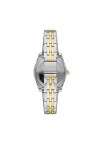Orologio Fossil con bracciale in acciaio inossidabile bicolore, che combina colori argento e oro, con cassa rotonda e un design semplice del quadrante.