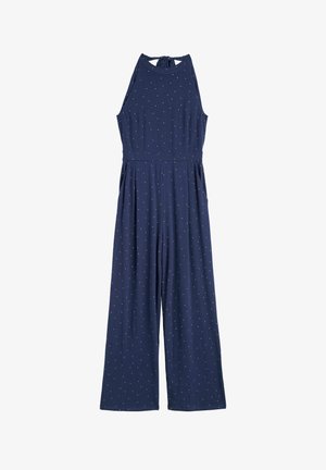 Granatowy kombinezon z halterem, z małymi białymi kropkami, szerokimi nogawkami i bocznymi kieszeniami. Miękki, elastyczny materiał.