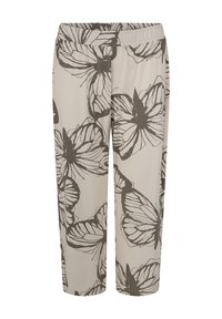 Leichte, beige Hose mit Schmetterlingsmuster in Dunkelbraun. Verfügt über einen elastischen Bund und ein lockeres, gerades Bein.