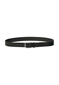 Black leather belt with a smooth texture, rectangular silver metal buckle, and multiple holes for size adjustment. Simple and classic design.