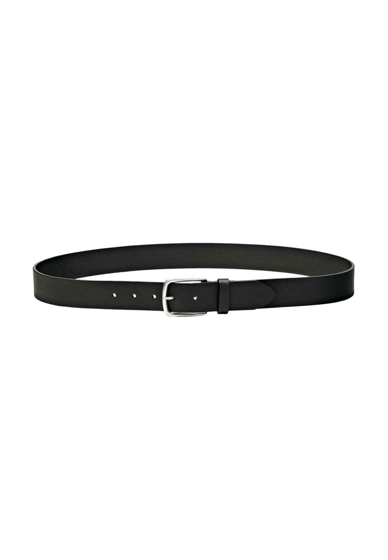 Black leather belt with a smooth texture, rectangular silver metal buckle, and multiple holes for size adjustment. Simple and classic design.