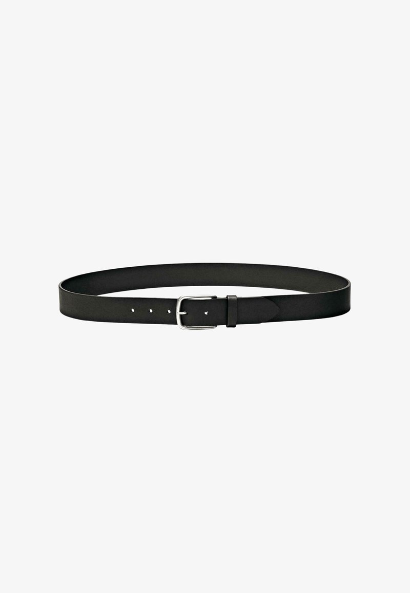 Black leather belt with a smooth texture, rectangular silver metal buckle, and multiple holes for size adjustment. Simple and classic design.