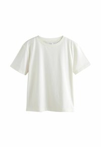 White cotton t-shirt with short sleeves, a round neckline, and a relaxed fit. Soft texture with minimal design and no visible patterns.