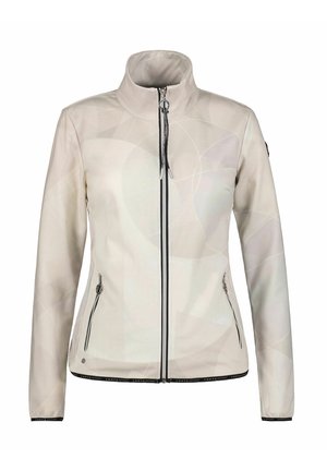 Hellbeige Damenjacke mit Reißverschluss, hohem Kragen, zwei seitlichen Reißverschlusstaschen und subtilen kreisförmigen Musterdetails.