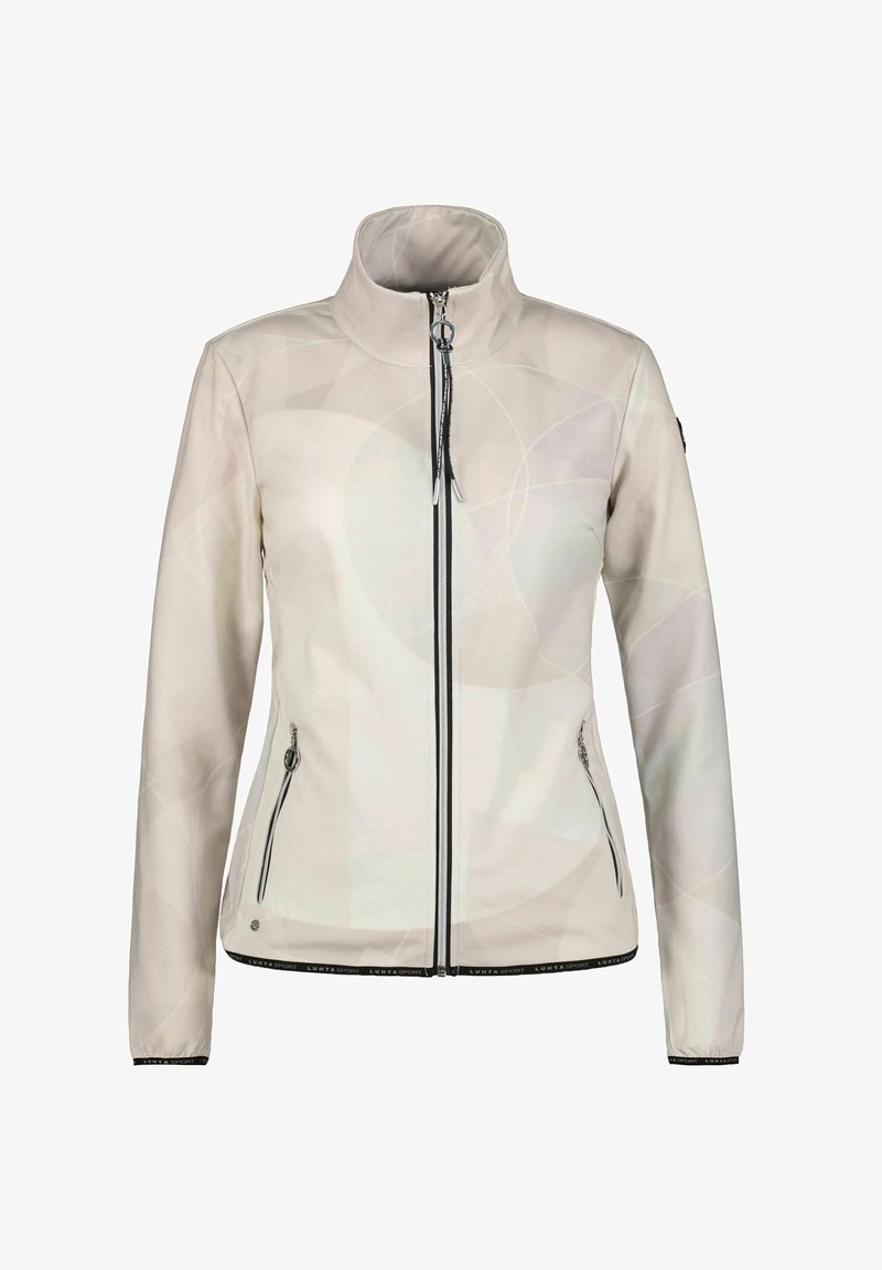 Veste zippée beige clair pour femme avec col haut, deux poches latérales zippées et détails subtils de motifs circulaires.