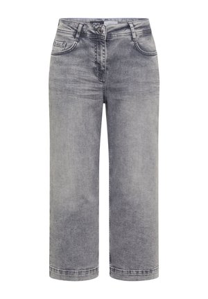 Grå falmede straight-leg denim jeans med forlommer, bæltestropper, knaplukning og kort ankellængde.