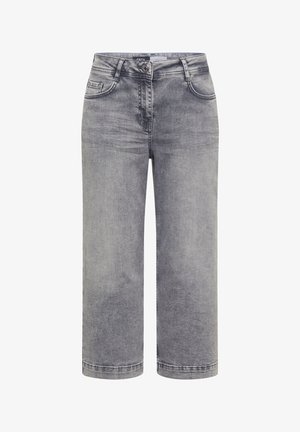 Grå falmede straight-leg denim jeans med forlommer, bæltestropper, knaplukning og kort ankellængde.