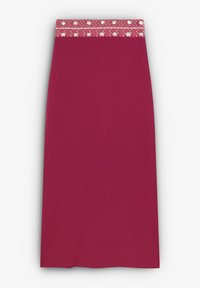 Gonna a matita bordeaux con una cintura multicolore strutturata che presenta accenti circolari. Materiale liscio, lunghezza al ginocchio.
