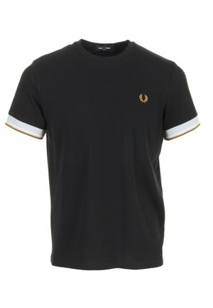 T-shirt noir à manches courtes avec finitions blanches et dorées sur les manches et petit logo couronne de laurier doré sur la poitrine gauche.