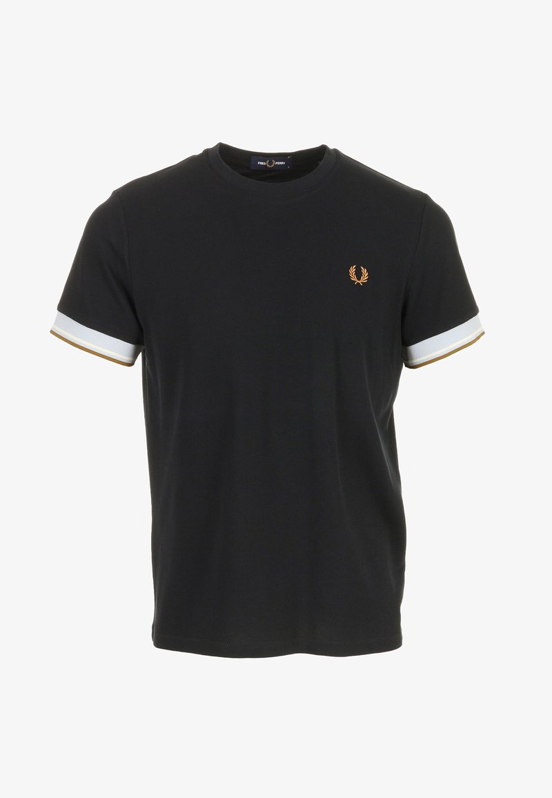 T-shirt noir à manches courtes avec finitions blanches et dorées sur les manches et petit logo couronne de laurier doré sur la poitrine gauche.