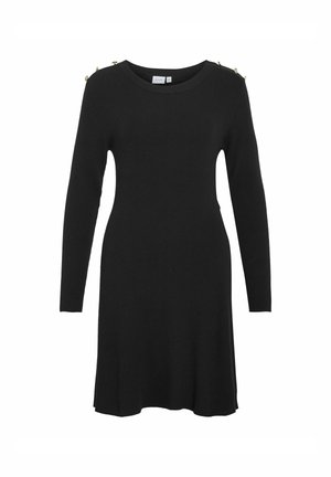 Rochie tricotată neagră, cu mânici lungi, având butoane aurii decorative pe umeri și o croială lejeră, lărgindu-se ușor la tiv.