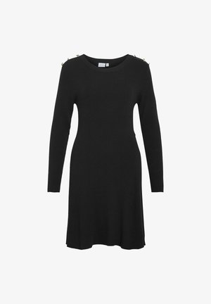 Rochie tricotată neagră, cu mânici lungi, având butoane aurii decorative pe umeri și o croială lejeră, lărgindu-se ușor la tiv.