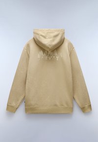 Sudadera beige con un acabado texturizado, que cuenta con una capucha ajustable y un logotipo de árboles impreso en un tono más claro en la parte posterior.