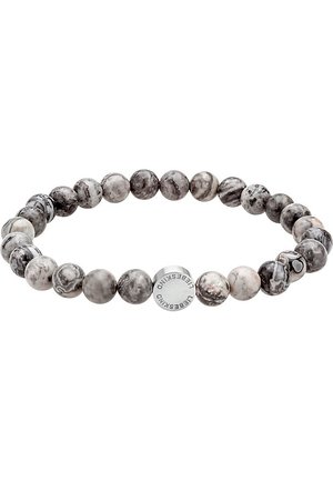 Bracelet extensible avec des perles rondes gris et blanc marbré et une perle en argent gravée du mot "LIFESKIND."