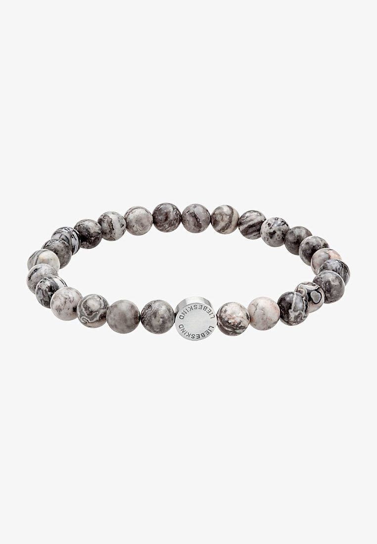 Bracelet extensible avec des perles rondes gris et blanc marbré et une perle en argent gravée du mot "LIFESKIND."