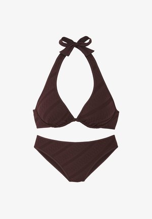 Brown bikini set featuring a triangular top with halter ties and a textured pattern, complemented by matching high-waisted bottoms.