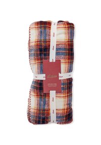 Koc w kratę z miękkiego materiału, w kolorach niebieskim, czerwonym, pomarańczowym i białym. Krawędzie zszyte. Dołączona czerwona etykieta z logo.