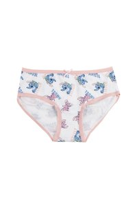 Mutande di cotone con una fascia in vita rosa e dettaglio a fiocco. Presenta un motivo di personaggi dei cartoni animati in blu e rosa su uno sfondo bianco.