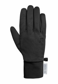 Schwarze Handschuhe aus glattem, dehnbarem Material mit enganliegender Passform. Sie verfügen über eine strukturierte Handfläche, ein Logo-Detail und ein gerafftes Handgelenk für sicheren Halt.