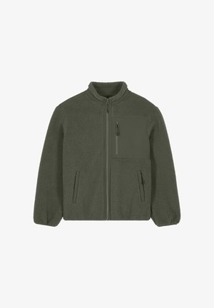 Veste polaire vert foncé avec col montant, fermeture éclair, tissu texturé et poches latérales. Comprend une poche zippée sur la poitrine.