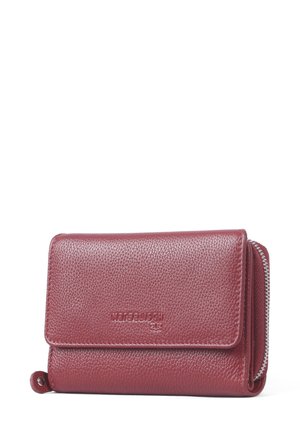 Red textured leather wallet with a flap closure, featuring a silver zipper and embossed logo on the front. Compact and rectangular shape.