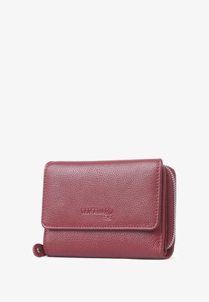 Red textured leather wallet with a flap closure, featuring a silver zipper and embossed logo on the front. Compact and rectangular shape.