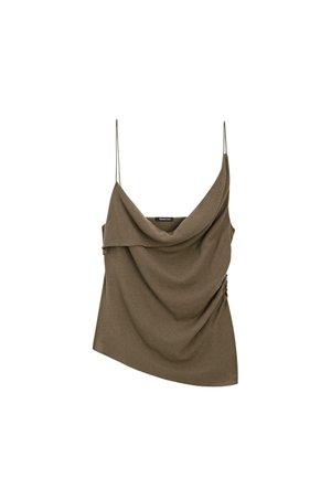 Cowl-neck, sleeveless top in olive green, featuring asymmetric design and gathered side detail. Smooth texture with thin straps.