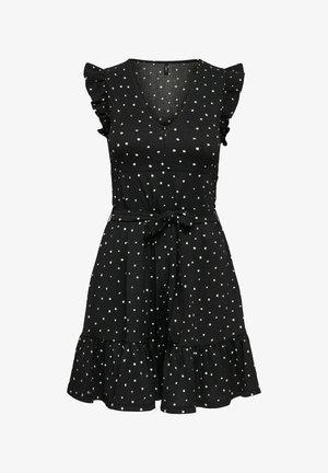 Črna obleka s belimi pikami, z V-izrezom, nabranimi rokavi, prilegajočim pasom in vrvico za zavezovanje. Ima razširjen krilo z nabranim robom.