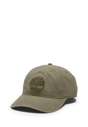 Olive green cotton baseball cap with an embroidered circular tree logo, curved visor, and six ventilation eyelets at the crown.