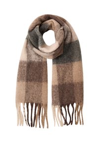 Sciarpa a scacchi marrone e beige realizzata in morbida lana. Presenta estremità frangianti e un design ad anello, che mostra varie sfumature di marrone e grigio.
