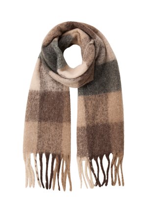 Brown and beige checkered scarf made of soft wool. Features fringed ends and a looped design, displaying various shades of brown and gray.