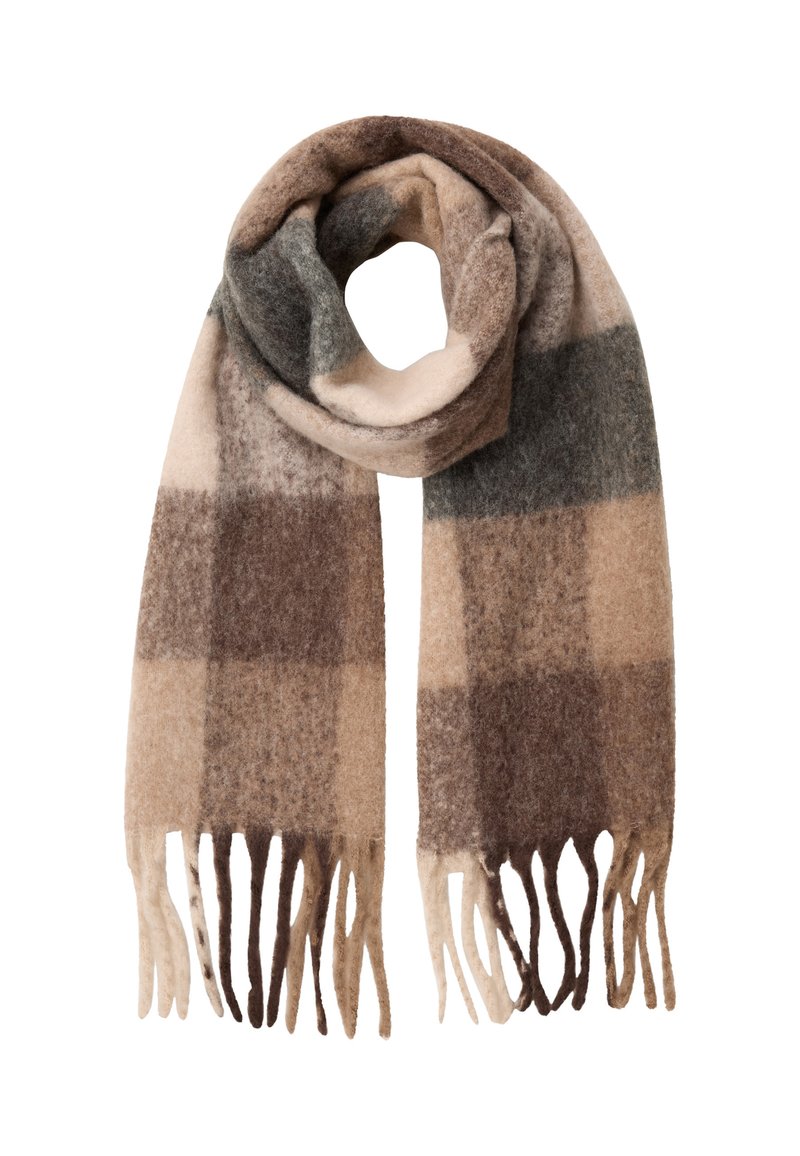 Sciarpa a scacchi marrone e beige realizzata in morbida lana. Presenta estremità frangianti e un design ad anello, che mostra varie sfumature di marrone e grigio.