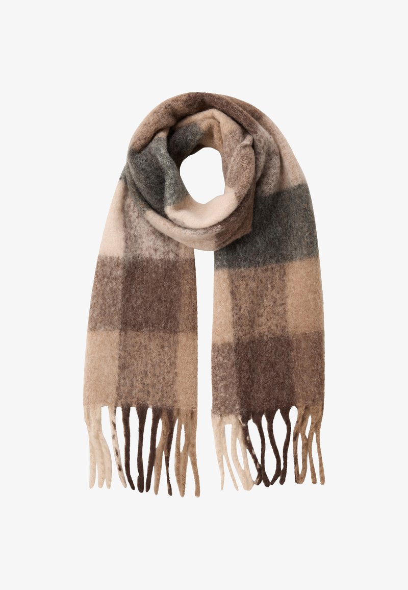 Sciarpa a scacchi marrone e beige realizzata in morbida lana. Presenta estremità frangianti e un design ad anello, che mostra varie sfumature di marrone e grigio.