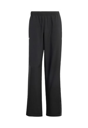 Black, lightweight athletic pants with an elastic waistband, side zippers, and a relaxed fit. Smooth texture, minimal branding.